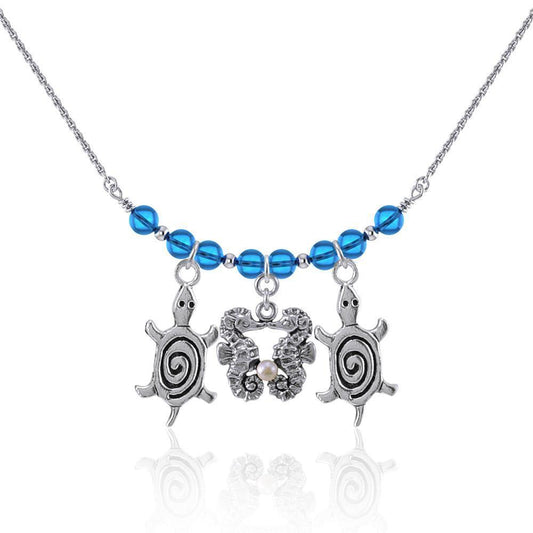 Double Seahorse and Spiral Turtles Silver Bead Necklace TNC469 Necklace