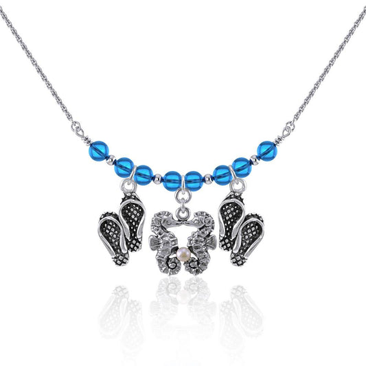 Double Seahorse and Beach Flip Flops Silver Bead Necklace TNC470 Necklace