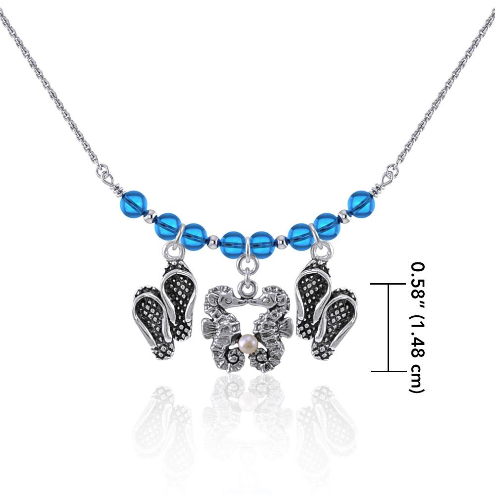 Double Seahorse and Beach Flip Flops Silver Bead Necklace TNC470 Necklace