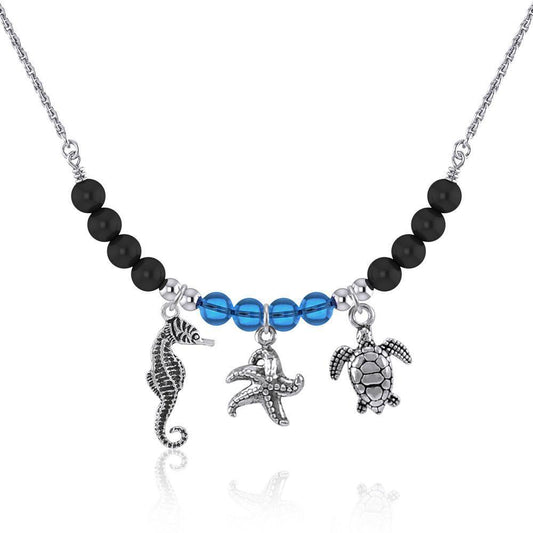 Silver Seahorse Starfish and Turtles Silver Bead Necklace TNC479 - Peter Stone Wholesale