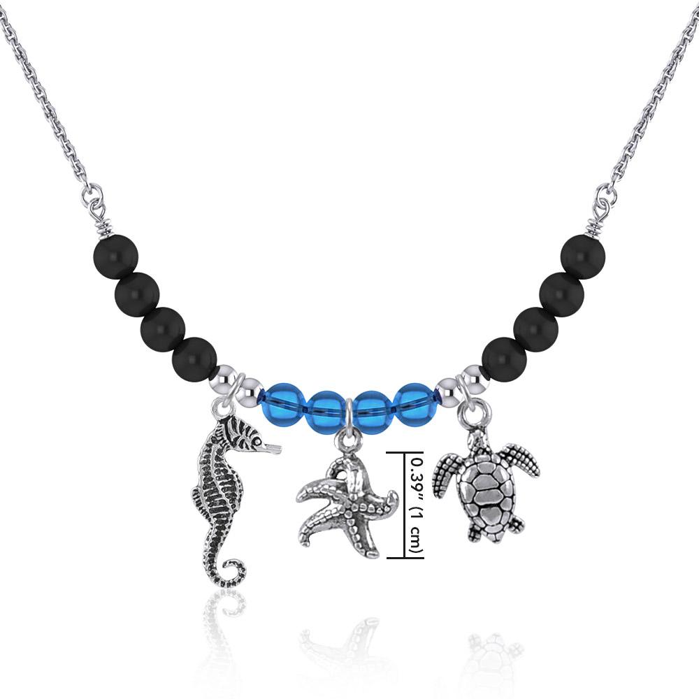 Silver Seahorse Starfish and Turtles Silver Bead Necklace TNC479 - Peter Stone Wholesale