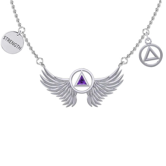 Strength Angel Wings with Gemstone AA Recovery Silver Necklace TNC554 - peterstone.dropshipping