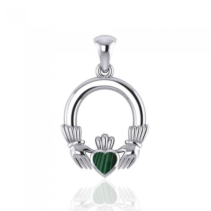 Irish Claddagh Silver Pendant with Gemstone Inlay TP101