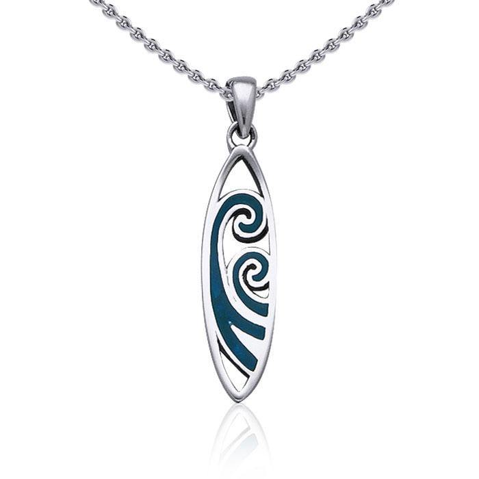 Surfboard with Inlaid Waves ~ Sterling Silver Pendant Jewelry TP2946 Pendant
