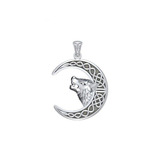 Wolf Head with Celtic Crescent Moon Silver Pendant TPD5552 - peterstone.dropshipping