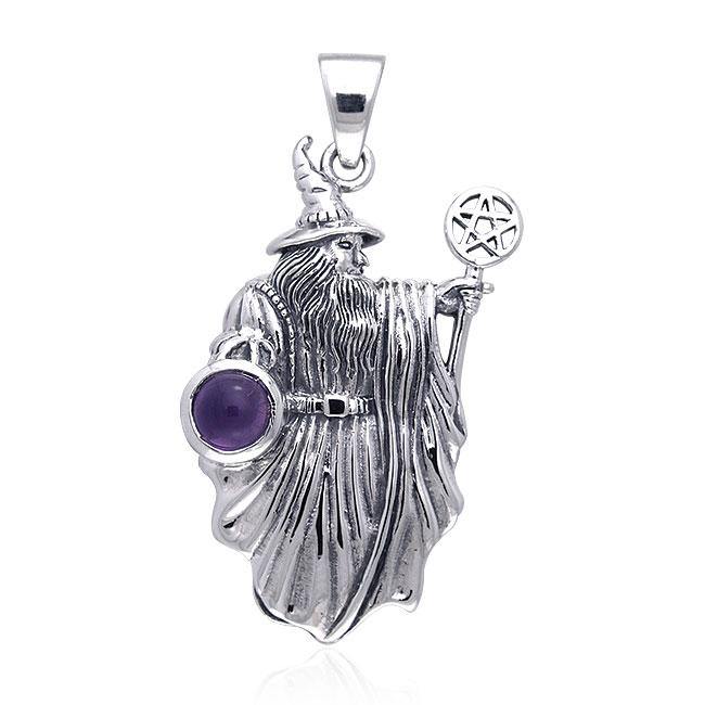Wizard with The Pentacle Wand Silver Pendant TPD090 Pendant