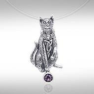 Live in a meaningful curiosity ~ Celtic Knotwork Cat Sterling Silver Jewelry Pendant with Gemstone TPD330 Pendant