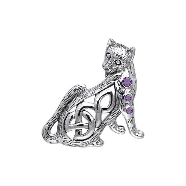 Playful Paw ~ Celtic Knotwork Cat Sterling Silver Jewelry Pendant with Gemstones - Wholesale Jewelry
