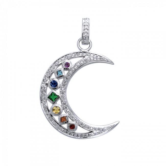 Chakra Moon Sterling Silver with Gemstones Pendant TPD3494