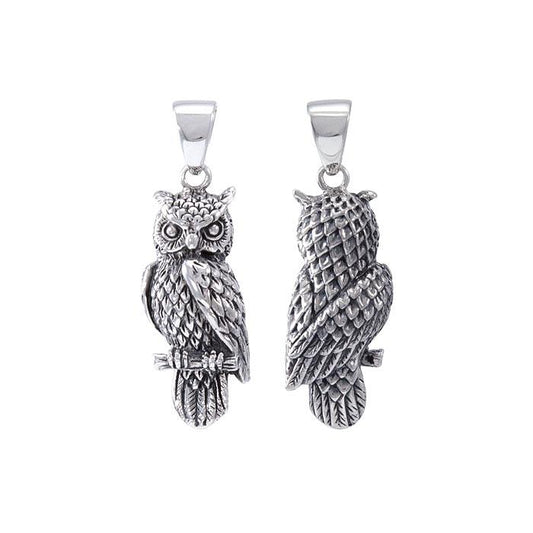 Wise and ever watchful ~  Sterling Silver Jewelry Horned Owl 3 Dimensional Pendant TPD4586 - Peter Stone Wholesale