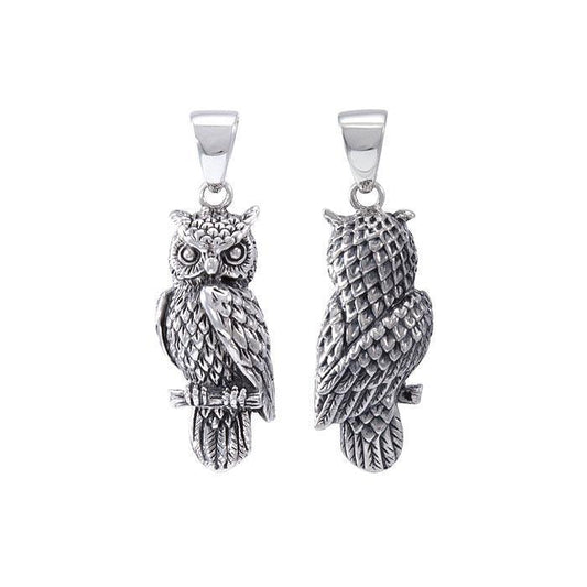 Wise and ever watchful ~  Sterling Silver Jewelry Horned Owl 3 Dimensional Pendant TPD4586 - Peter Stone Wholesale
