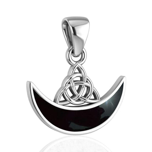 Celtic Knotwork Triquetra with Inlaid Crescent Moon Sterling Silver Pendant with Gemstone Pendant