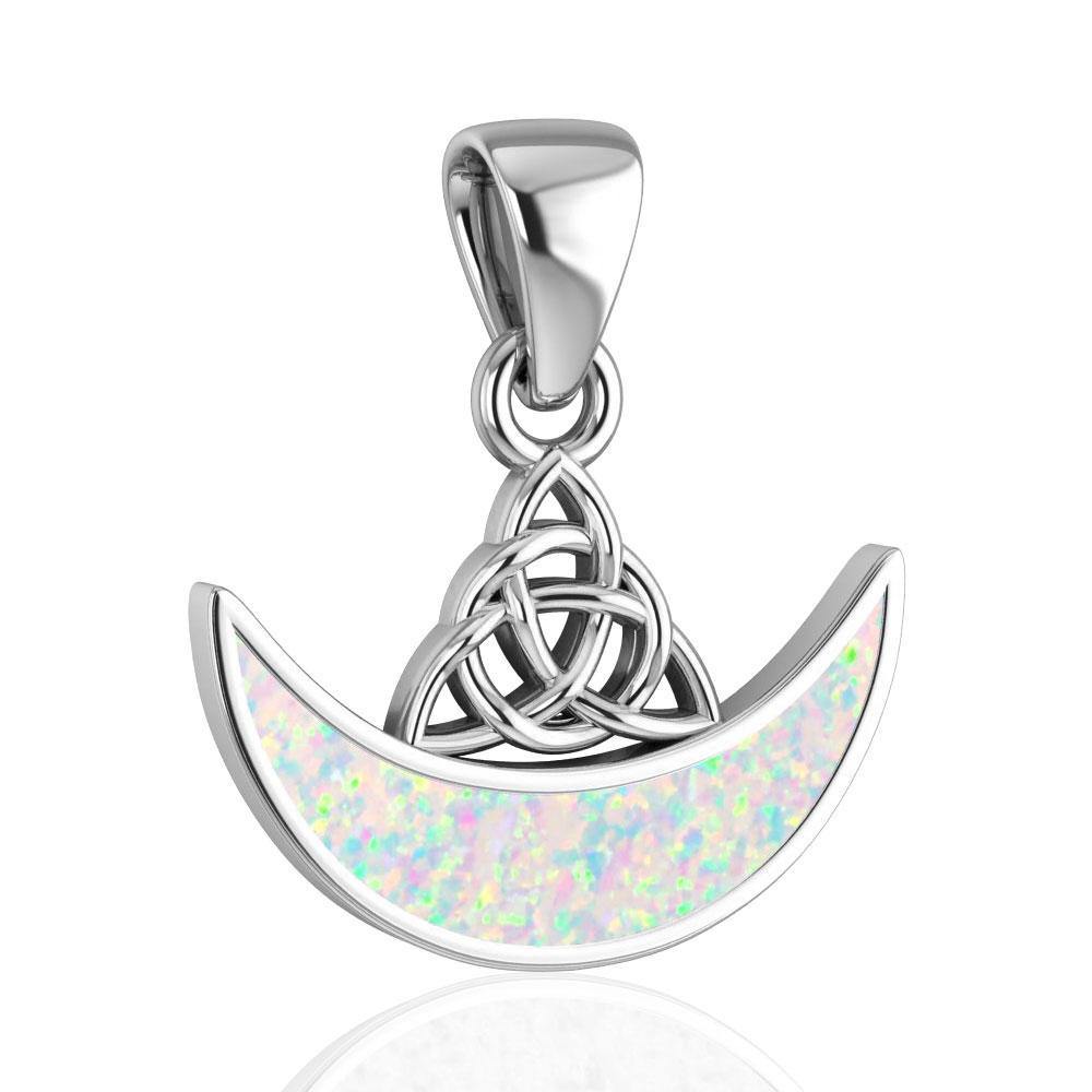 Celtic Knotwork Triquetra with Inlaid Crescent Moon Sterling Silver Pendant with Gemstone Pendant