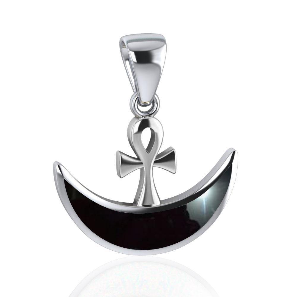 Ankh with inlaid Crescent Moon Sterling Silver Pendant TPD4955 Pendant