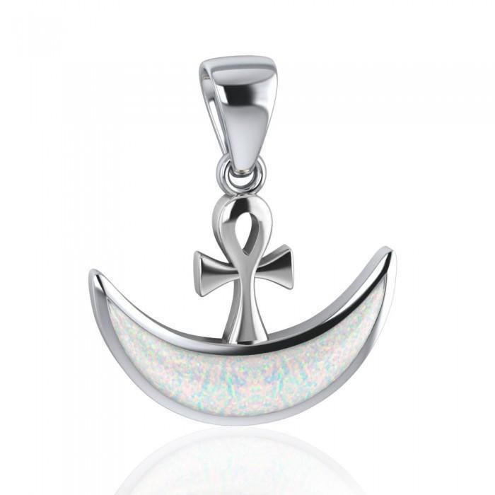 Ankh with inlaid Crescent Moon Sterling Silver Pendant