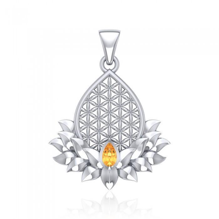 Flower of Life and Lotus with Gemstone Silver Pendant