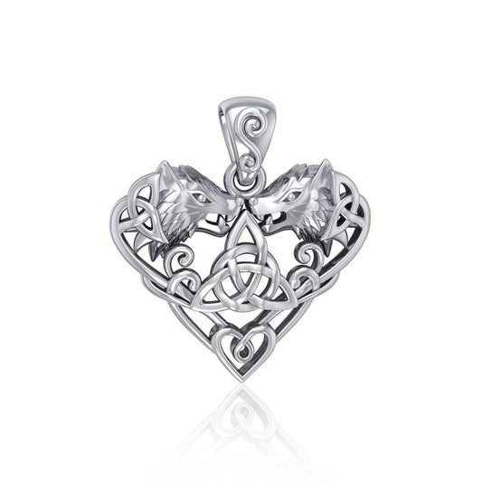Silver Wolves with Celtic Triquetra in Heart Pendant TPD5212 Pendant