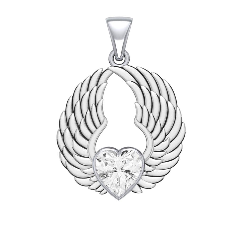 Gemstone Heart and Angel Wings Silver Pendant TPD5223 Pendant