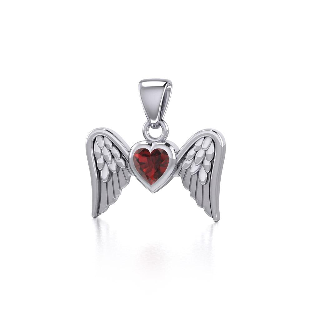Gemstone Heart and Flying Angel Wings Silver Pendant TPD5228 - Peter Stone Wholesale
