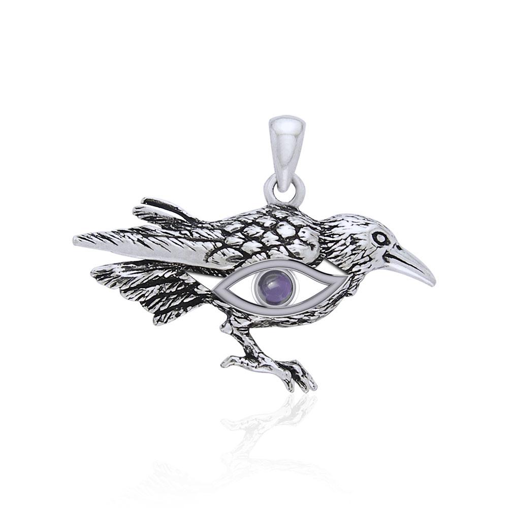 Mythical Raven with Gemstone Eye of Wisdom Silver Jewelry Pendant TPD5254 - Peter Stone Wholesale