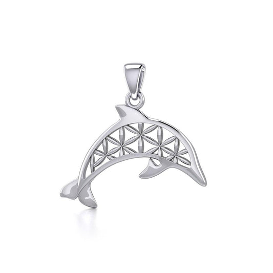 Swimming Dolphin with Flower of Life Silver Pendant TPD5272 - Peter Stone Wholesale