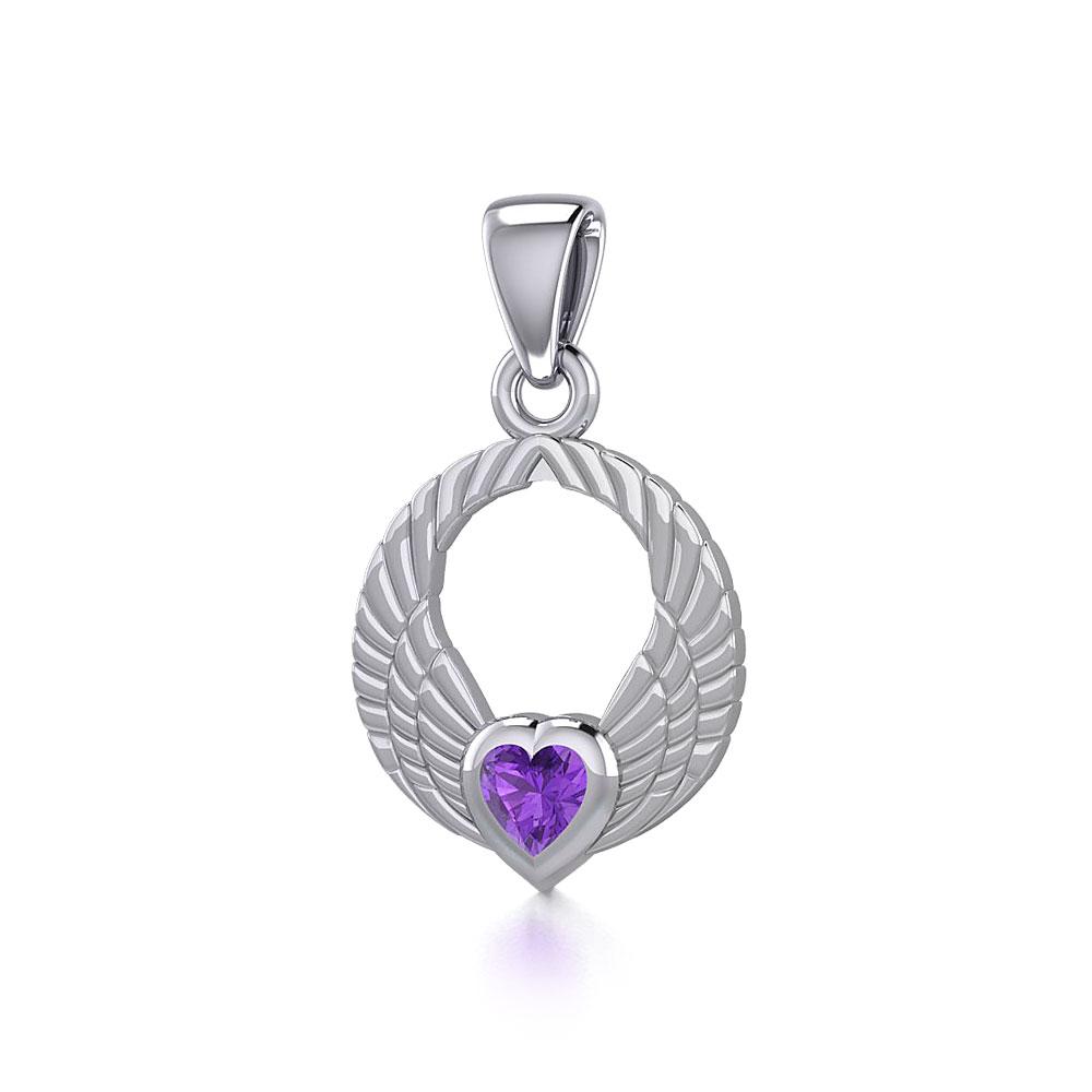 Double Angel Wings Silver Pendant with Gemstone TPD5286 - Peter Stone Wholesale