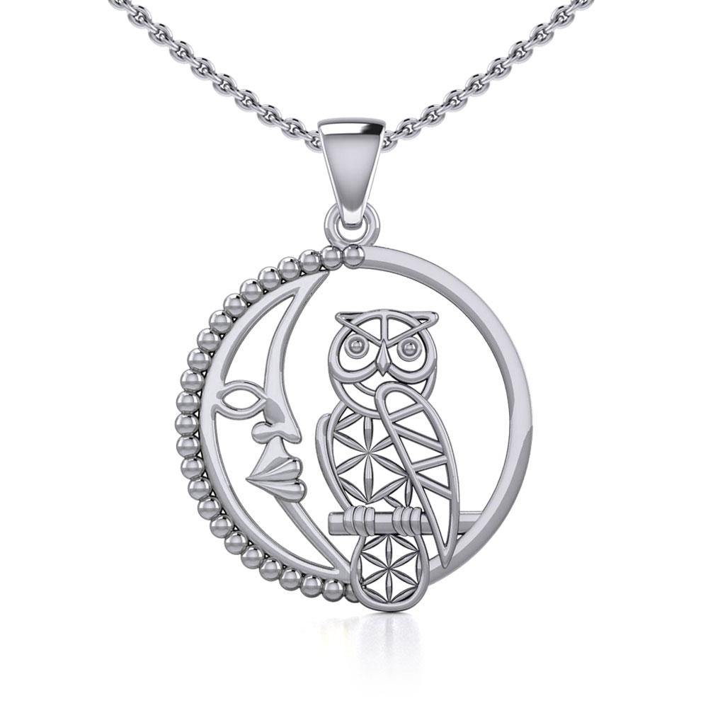 Silver Flower of Life Owl on The Crescent Moon Pendant TPD5301 Pendant