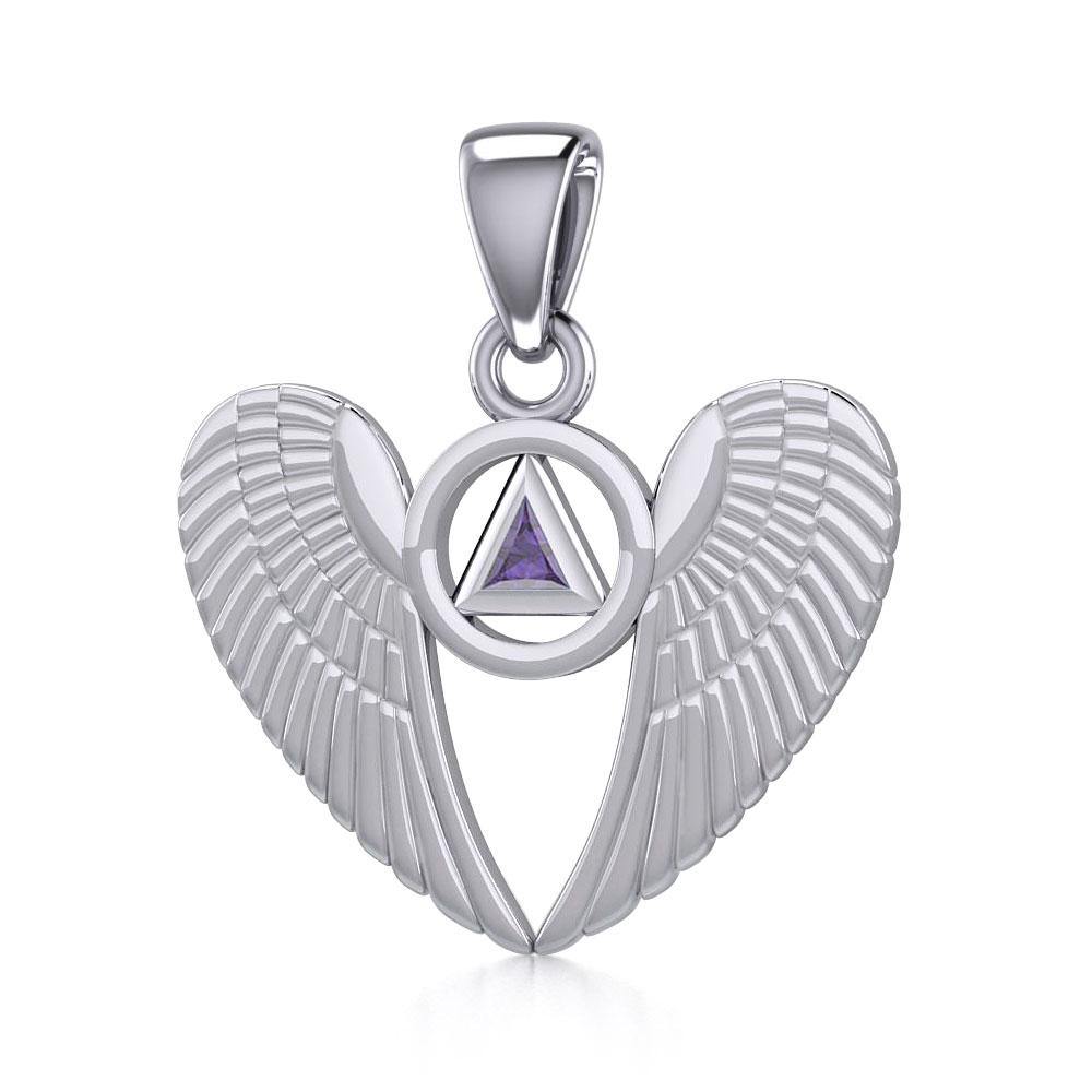 Silver Angel Wings Pendant with Inlaid Recovery Symbol TPD5320 Pendant