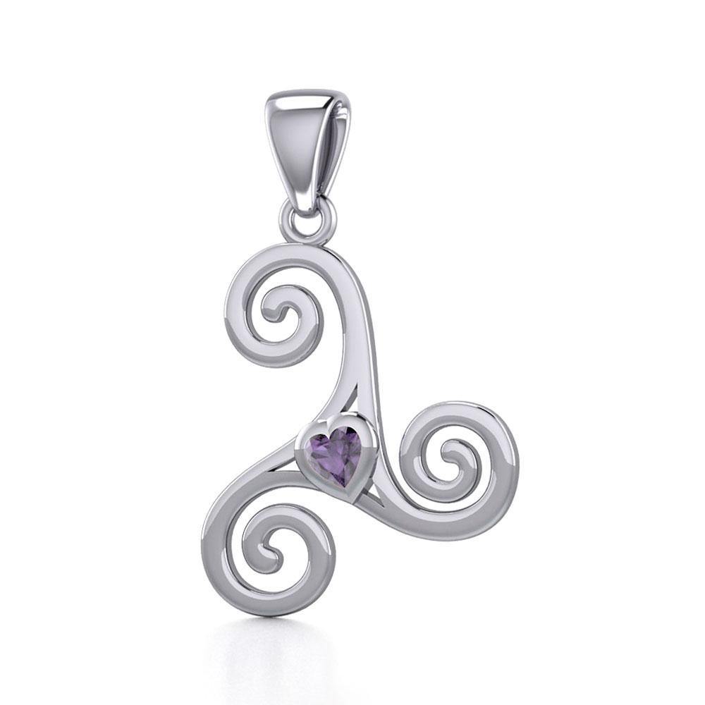 Celtic Spiral Triskele Silver Pendant with Heart Gemstone TPD5335 Pendant