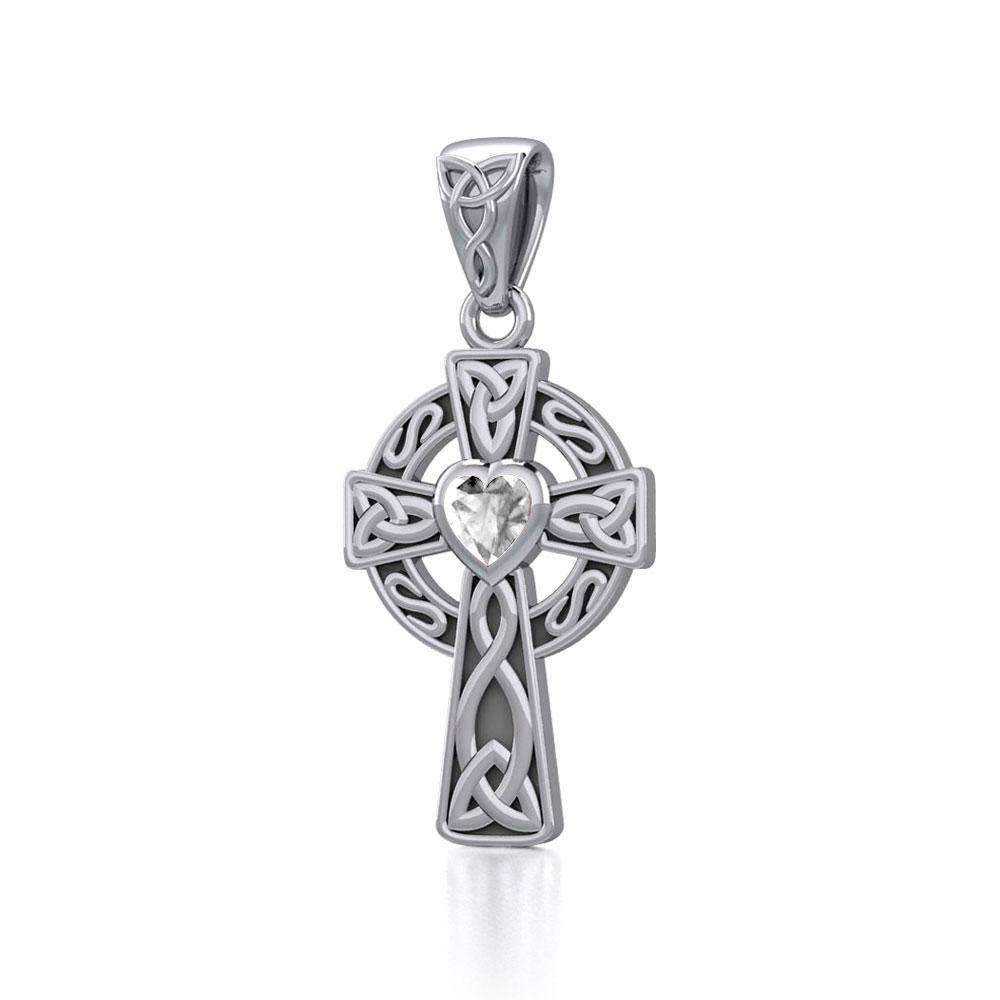 Celtic Cross Silver Pendant with Heart Gemstone TPD5337 Pendant