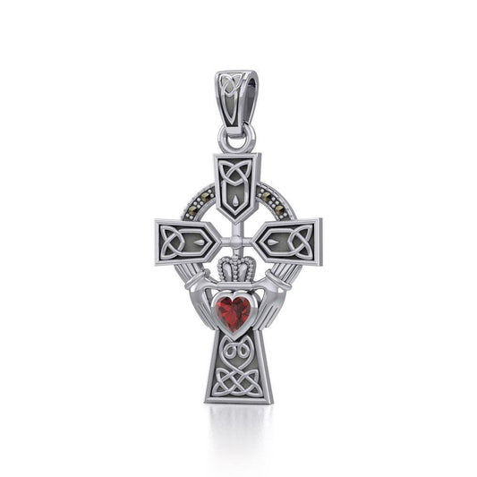 Celtic Cross and Irish Claddagh Silver Pendant with Heart Gemstone TPD5340 Pendant