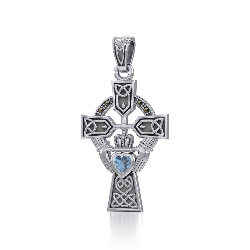 Celtic Cross and Irish Claddagh Silver Pendant with Heart Gemstone TPD5340 Pendant
