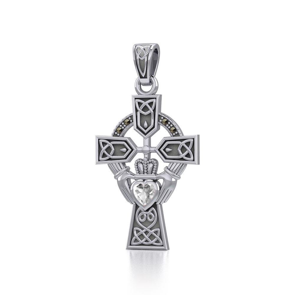 Celtic Cross and Irish Claddagh Silver Pendant with Heart Gemstone TPD5340 Pendant