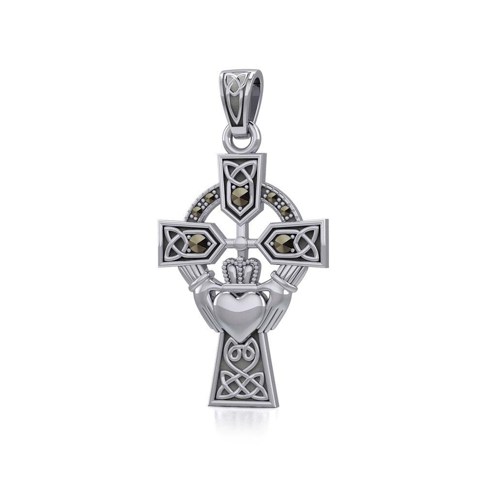 Celtic Cross and Irish Claddagh Silver Pendant with Marcasite TPD5341 Pendant