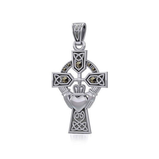 Celtic Cross and Irish Claddagh Silver Pendant with Marcasite TPD5341 Pendant