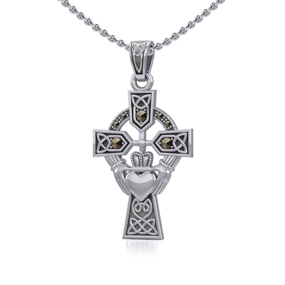 Celtic Cross and Irish Claddagh Silver Pendant with Marcasite TPD5341 Pendant