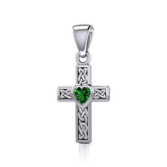 Celtic Cross Silver Pendant with Heart Gemstone TPD5347 Pendant
