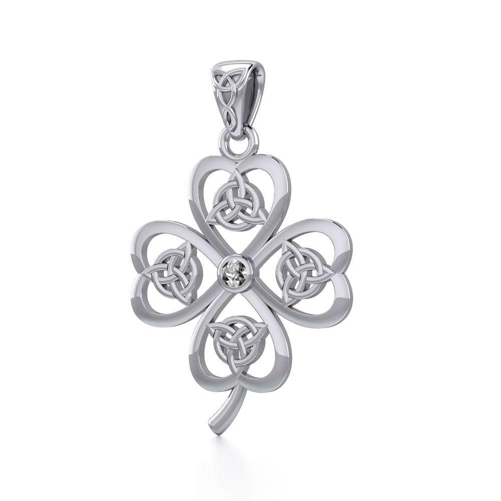 Lucky Four Leaf Clover with Triquetra Silver Pendant with Gemstone TPD5348 Pendant