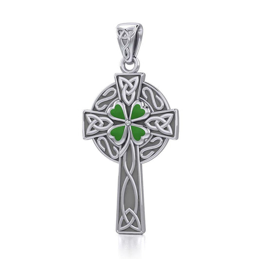 Silver Celtic Cross with Enamel Clover Pendant TPD5358 Pendant