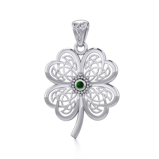 Lucky Celtic Four Leaf Clover Silver Pendant with Gemstone TPD5373 Pendant