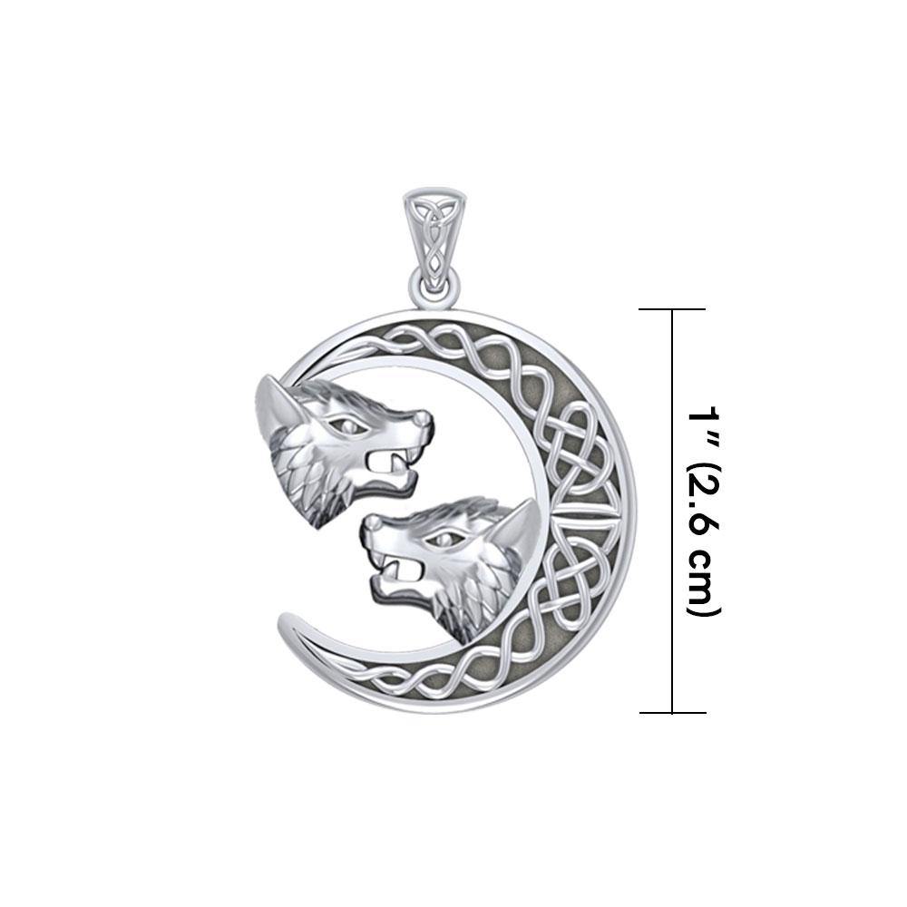 Double Wolf Heads with Celtic Crescent Moon Silver Pendant TPD5424 Pendant