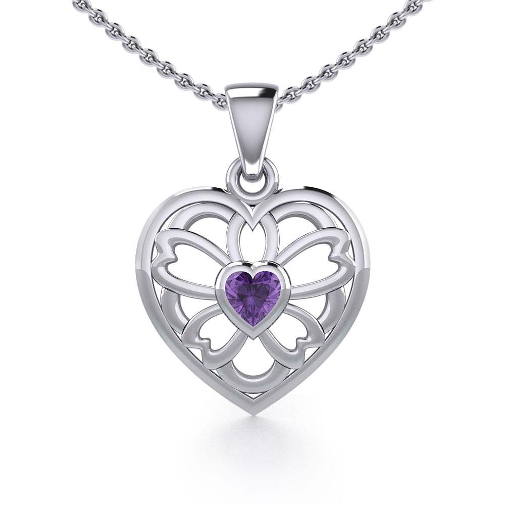 Flower in Heart Silver Pendant with Gemstone TPD5425 Pendant