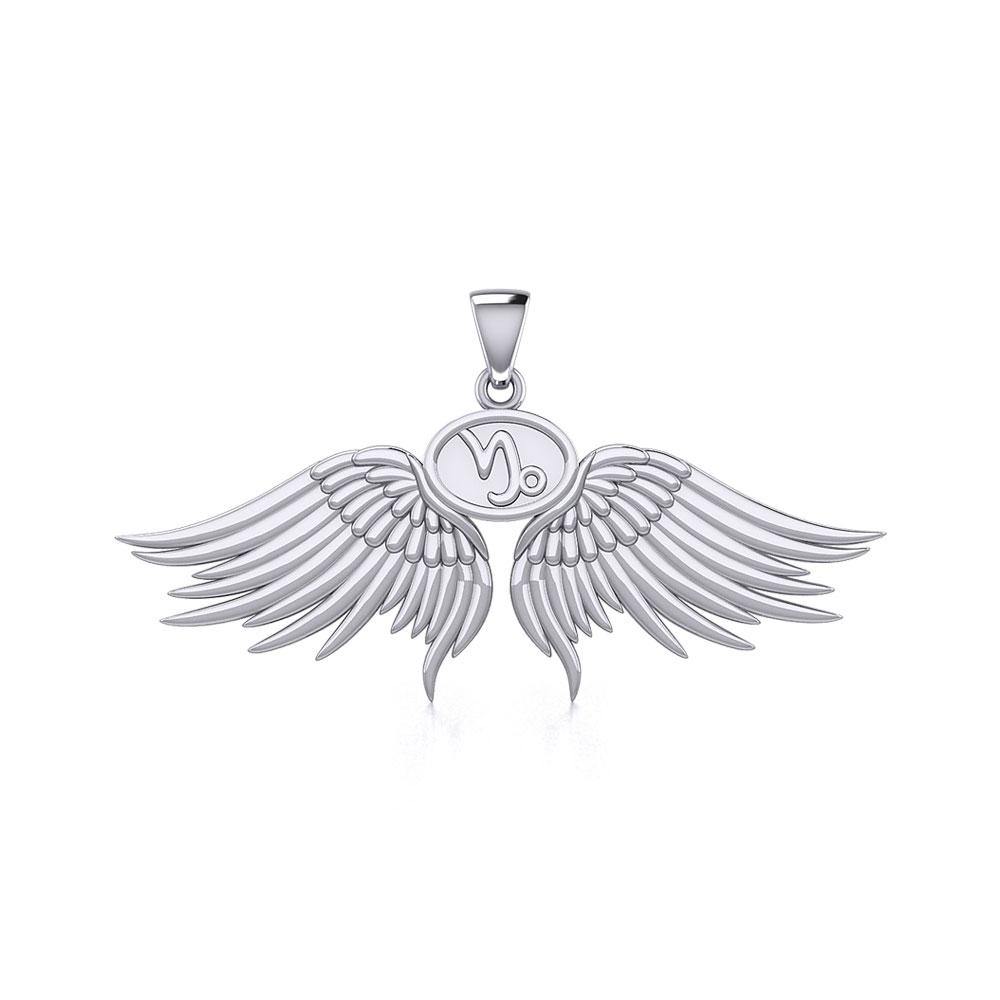 Guardian Angel Wings Silver Pendant with Capricorn Zodiac Sign TPD5512 Pendant