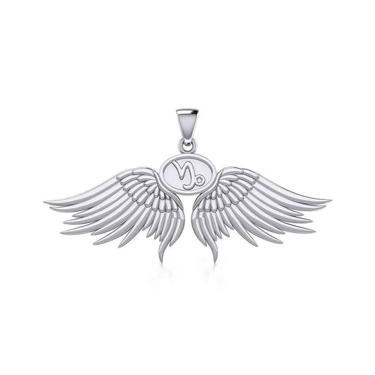 Guardian Angel Wings Silver Pendant with Capricorn Zodiac Sign TPD5512 Pendant