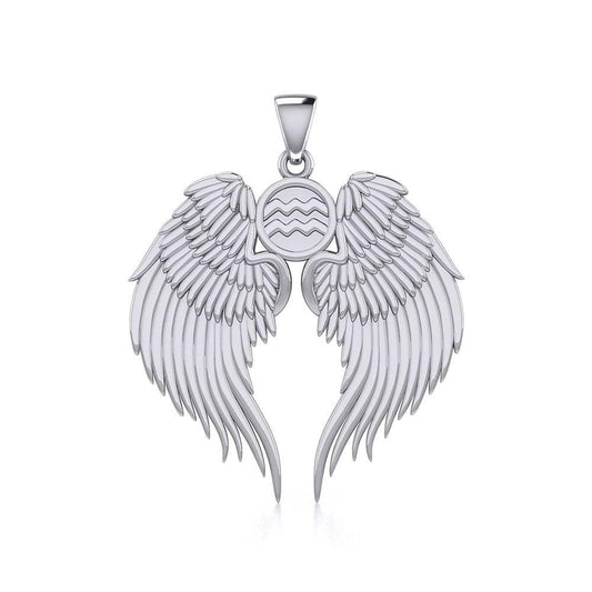 Guardian Angel Wings Silver Pendant with Aquarius Zodiac Sign TPD5513 Pendant