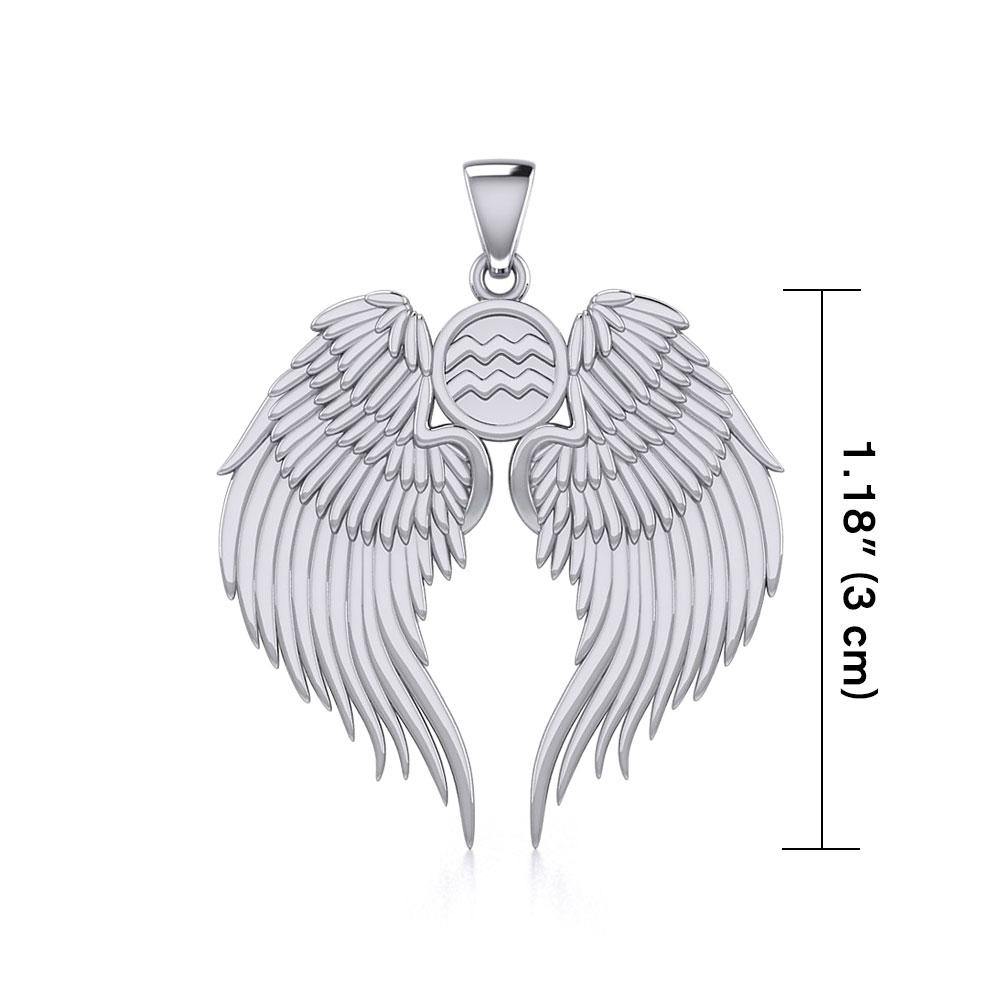 Guardian Angel Wings Silver Pendant with Aquarius Zodiac Sign TPD5513 Pendant