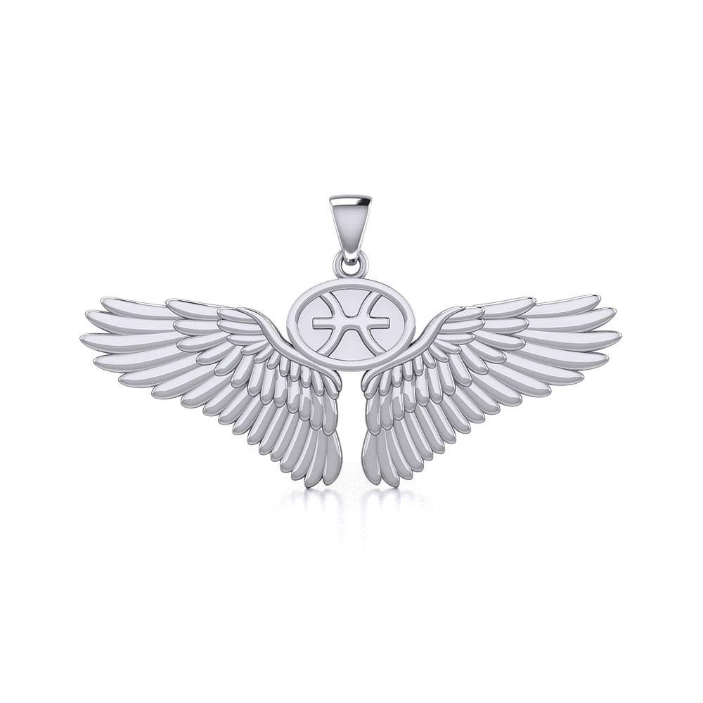 Guardian Angel Wings Silver Pendant with Pisces Zodiac Sign TPD5514 Pendant