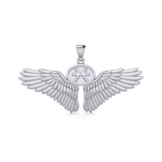 Guardian Angel Wings Silver Pendant with Pisces Zodiac Sign TPD5514 Pendant