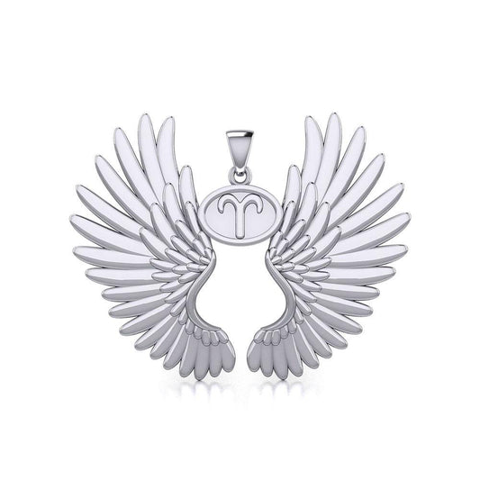 Guardian Angel Wings Silver Pendant with Aries Zodiac Sign TPD5515 Pendant