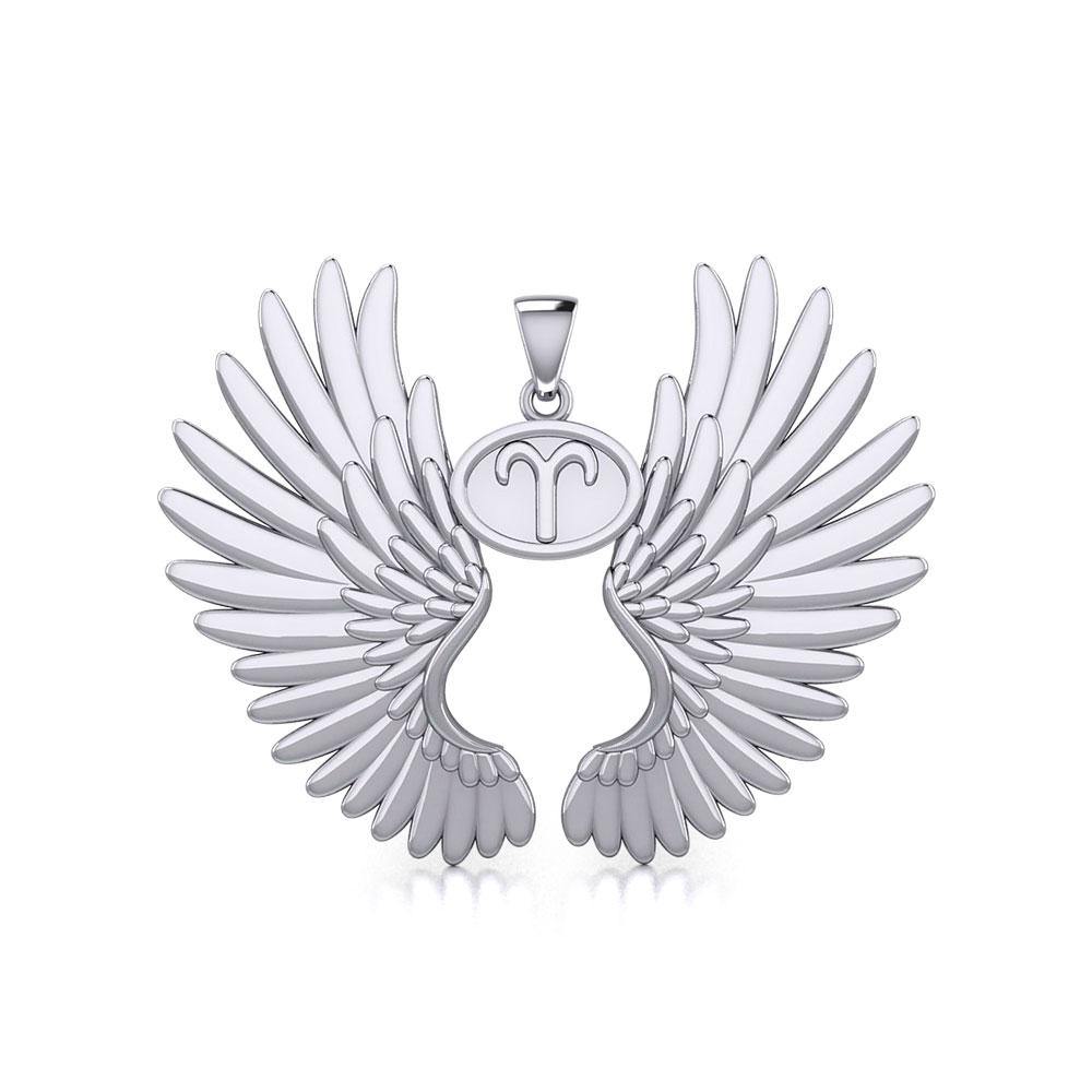 Guardian Angel Wings Silver Pendant with Aries Zodiac Sign TPD5515 Pendant